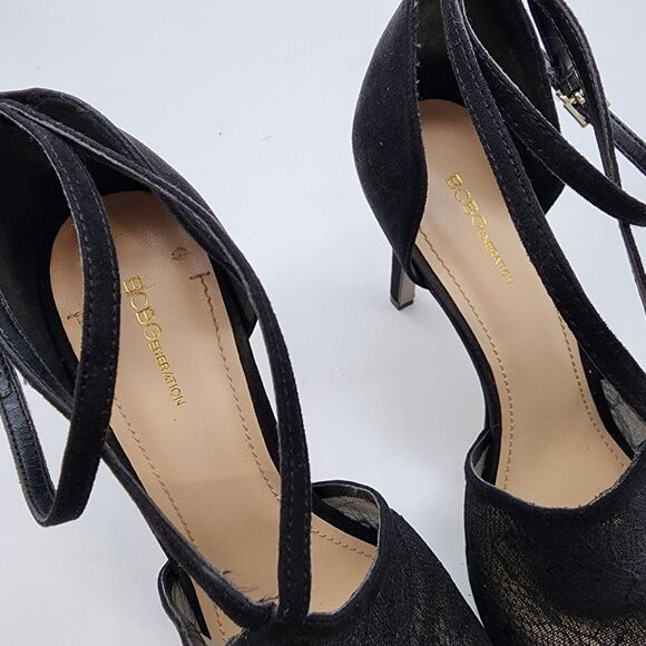 BCBG Black Mesh Floral Lace Stiletto Heels Size 11 Ankle Strap Open Toe Wedding - Picture 9 of 13